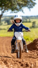 Obraz premium Determined child riding dirt bike on a track practicing skills and gaining confidence in outdoor adventure and sports