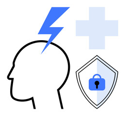 Black outline of a head with blue lightning bolt symbol, blue medical cross, and shield with lock icon. Ideal for mental health, medical care, cybersecurity, stress management, data protection