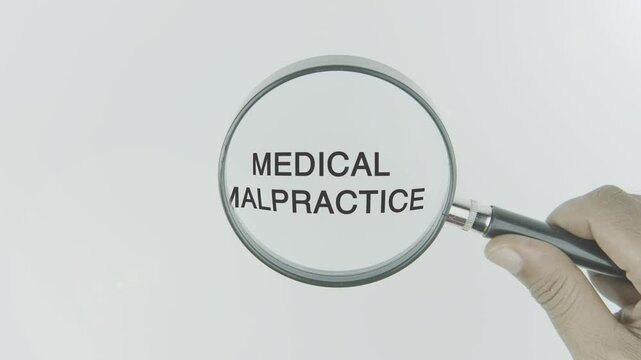 Medical malpractice text highlighted by a magnifying glass in a hand on a white background, symbolizing focus on the legal and health risks associated with medical errors and negligence
