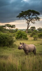 Naklejka premium Cute Baby Rhinoceros in Natural Habitat 