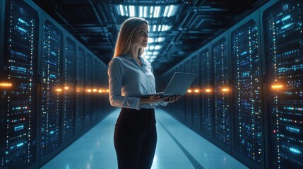Professional Woman in Futuristic Server Room with Laptop Inspecting Technology at Night
