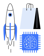 Rocket taking off, paper shopping bag, and AI brain chip design. Ideal for innovation, business growth, AI technology, e-commerce, startup future advancement success. Flat simple metaphor