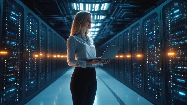 Professional Woman in Futuristic Server Room with Laptop Inspecting Technology at Night