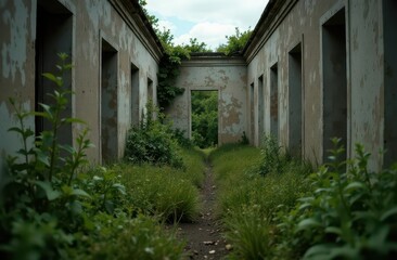 Grunge textures reveal nature reclaiming abandoned structure over time