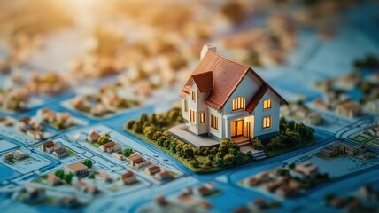 Real estate planning concept, zoning map with miniature home model. Searching vacant land for development