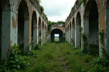Fototapeta premium Grunge textures in abandoned architecture with overgrown vegetation
