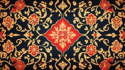 Elegant Floral Pattern with Red and Gold Elements on Dark Background