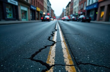 Fototapeta premium Cracked asphalt street in a quiet urban area during overcast weather