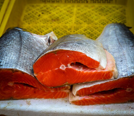 Fresh salmon slice at Tbilisi wet market