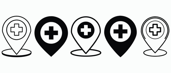 Medical Location Pin Icons Set– Healthcare Map Marker, Hospital GPS Navigation Vector Set