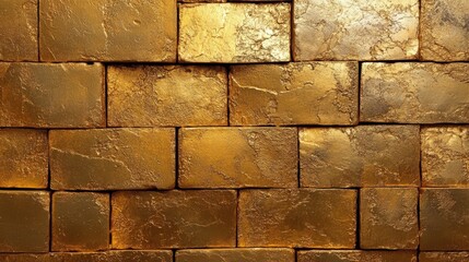 A mesmerizing close-up captures intricately overlapping gold-hued bricks laid in a sleek horizontal design, highlighting their textured surfaces and warm glow