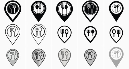 Restaurant Location Icons - Fork, Knife, Spoon GPS Markers Vector Set