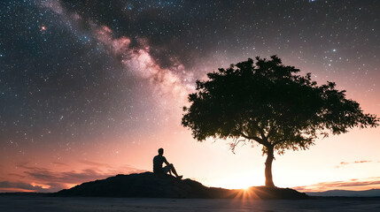 A lone person contemplates the universe underneath a night sky