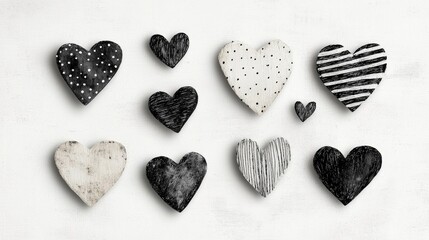 Charming Collection of Handcrafted Hearts in Black and White Patterns for Artistic Decor and Creative Projects