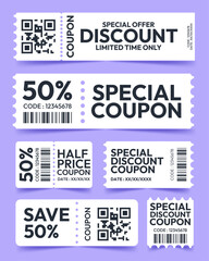 Collection of discount coupons with barcode and QR codes