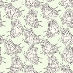 A background with a pattern of butterflies. The butterflies are drawn in black and white. The butterflies are arranged in a way that creates a sense of movement and flow. Vector seamless pattern