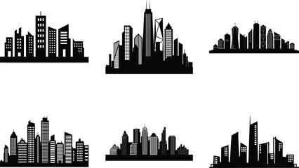 Fototapeta premium Modern City Skyline Skyscrapers silhouette set clipart SVG bundle design. Panorama city background. Skyline urban border collection. Night town skyline icon set.