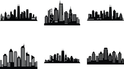 Obraz premium Modern City Skyline Skyscrapers silhouette set clipart SVG bundle design. Panorama city background. Skyline urban border collection. Night town skyline icon set.