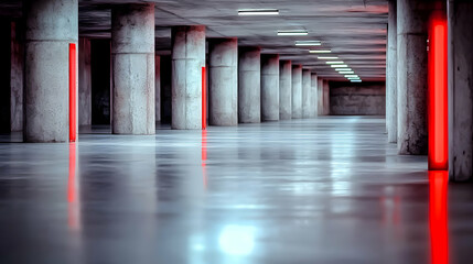 Concrete pillars reflecting light create a modern architectural hallway design