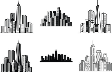 Modern City Skyline Skyscrapers silhouette set clipart SVG bundle design. Panorama city background. Skyline urban border collection. Night town skyline icon set.