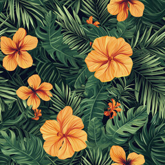 Fototapeta premium Seamless Pattern of Hibiscus Flowers and Tropical Leaves