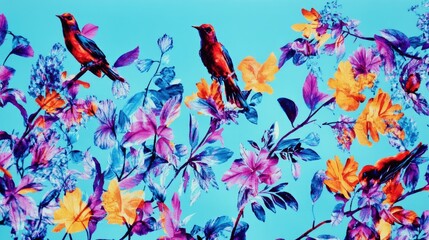 Vibrant Floral Pattern with Colorful Birds Against a Bold Blue Background for Nature and Art Enthusiasts