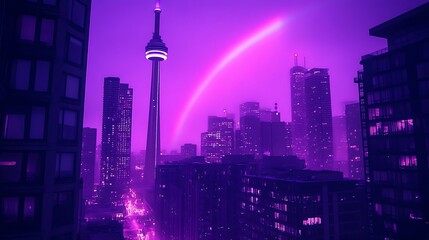 Fototapeta premium Purple Cityscape, Rainbow Arc, Night