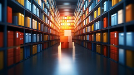 Endless warehouse aisle with colorful boxes.
