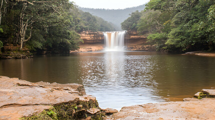 A serene waterfall cascades into a tranquil natural body of water