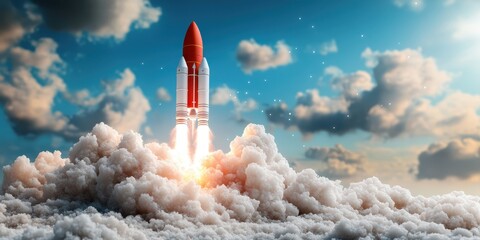 Fototapeta premium Powerful Rocket Launching Into the Sky Banner