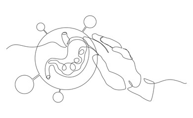 Continuous line of hand holding human stomach abdomen organ body anatomy biology donation donor love charity care concept single sketch drawing editable stroke vector illustration