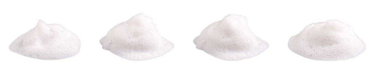 
Set of white soap bubbles, shampoo or shower gel, isolated on white background. Textured and contrasting background. Soap bubbles in the bath, shaving cream gel, bubble bath.
