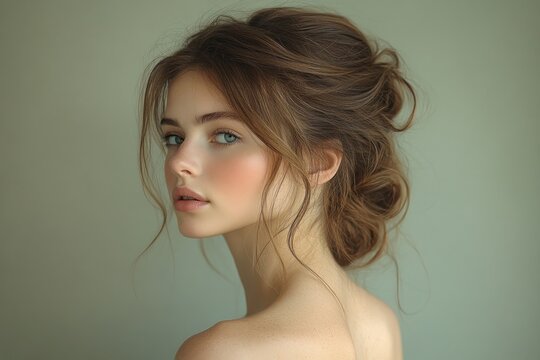 minimalist portrait of woman bare back natural light classical realism wet hair bun profile