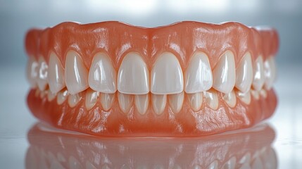 Obraz premium hyper-realistic dental prosthesis zirconium upper jaw gums close-up glossy teeth reflection