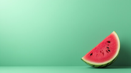A slice of watermelon with a green rind, a red flesh with dark seeds, on a monochrome green background that gives a minimalist feel.