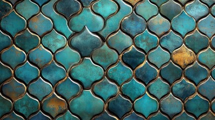 Turquoise Mosaic Background with Arabic Patterns and Geometric Design