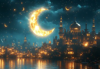  Luminous Crescent Moon Over a Vibrant City with Minarets and Domes