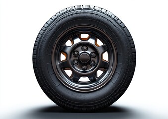 Closeup of a Standard Car Tire Isolated on White Background with Metallic Wheel and Black Rubber