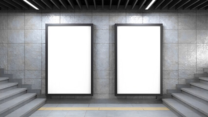 Blank billboard or poster in hall at station or airport, underground, 3d render