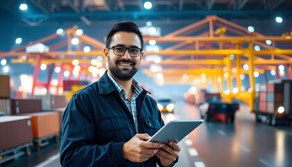 businessman is working with Transportation, import-export, logistic, shipping business management, glowing neon. isolated with white highlights