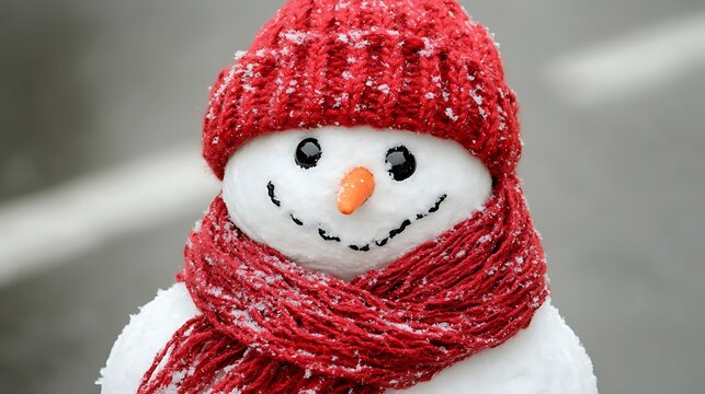 Close-up of a snowman wearing a red knitted hat and scarf, lightly covered in snow.