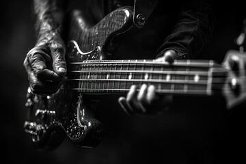 Naklejka premium Close-Up of Electric Bass Guitar Player Hands Performing Live Music in Black and White Photography