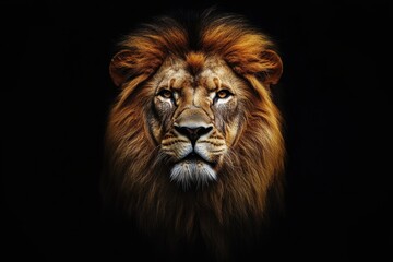 Fototapeta premium Majestic lion head against a black background creates a powerful and striking visual presence