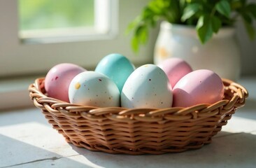 Pastel Easter Eggs in Basket, stand on the table on a sunny day, against the backdrop of a window. High quality photo
