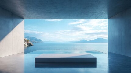 Fototapeta premium Minimalist Concrete Interior with Ocean View and Empty Sofa