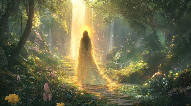神秘的な森で光を操る女神