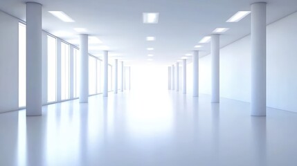 Fototapeta premium A bright, minimalist corridor features white walls, smooth floors, and columns, creating a serene and spacious atmosphere.