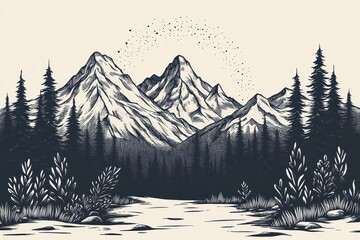 Fototapeta premium Majestic mountain range, tranquil forest river, starry night sky, nature landscape, travel poster