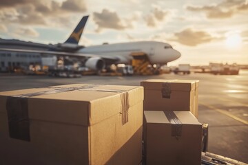 Loading cargo plane at air freight logistics with shipping boxes ready for airmail delivery