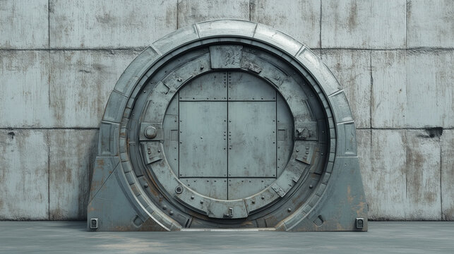 Massive steel hatchway. Strong, futuristic security door. The hatch is weathered and set into a concrete wall. Security concept - Powered by Adobe
